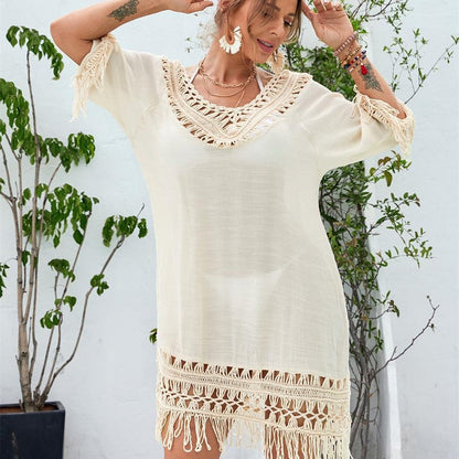Women’s beach cover-up with stylish fringes and attractive crochet accents Ivyshape