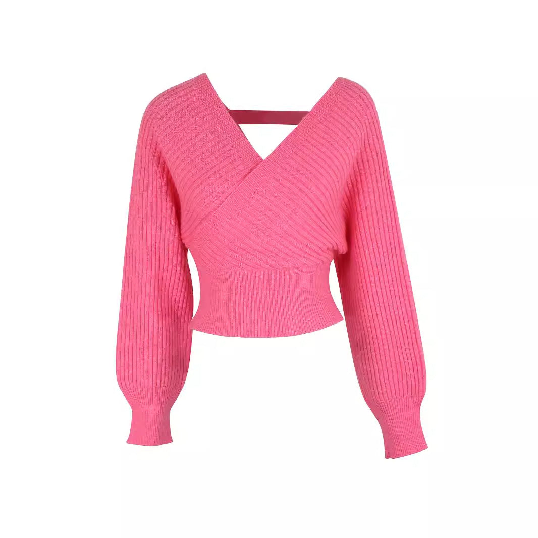 Women's elegant V-neck knitted pullover with voluminous sleeves Ivyshape