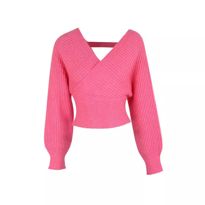 Women's elegant V-neck knitted pullover with voluminous sleeves Ivyshape
