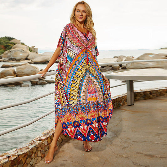 Women’s beach kaftan with colorful mandala design and loose fit Ivyshape