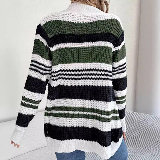 Women's casual knit cardigan with colorful striped pattern Ivyshape