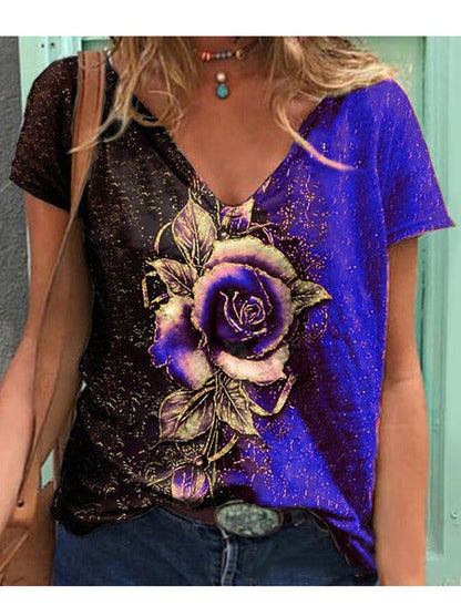 Women's Artistic Floral Graphic V-Neck T-Shirt Ivyshape