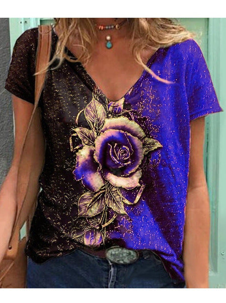 Women's Artistic Floral Graphic V-Neck T-Shirt Ivyshape