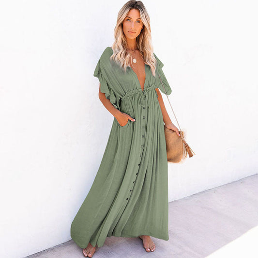 Women's Maxi Dress with Ruffle Details and Practical Pockets Ivyshape