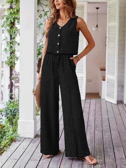 Women's casual jumpsuit with button placket and wide leg Ivyshape