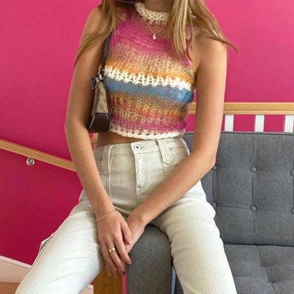 Ladies transparent crochet top with high collar and trendy details Ivyshape