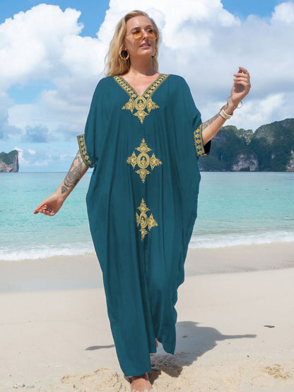 Women's Maxi Kaftan with Artistic Embroidery and Elegant V-Neck Ivyshape