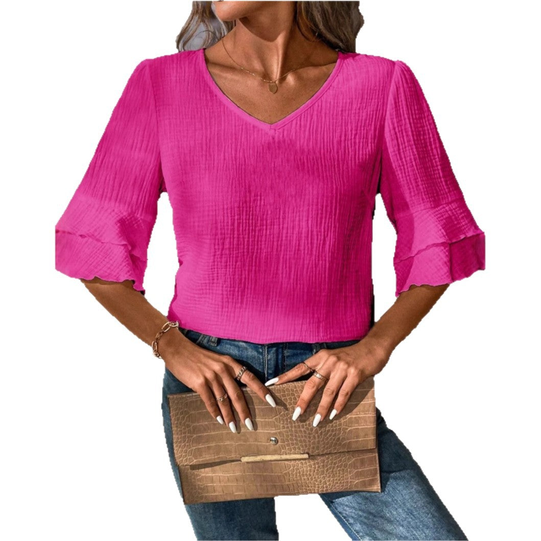 Women V-neck blouse with ruffle details and textured fabric Ivyshape