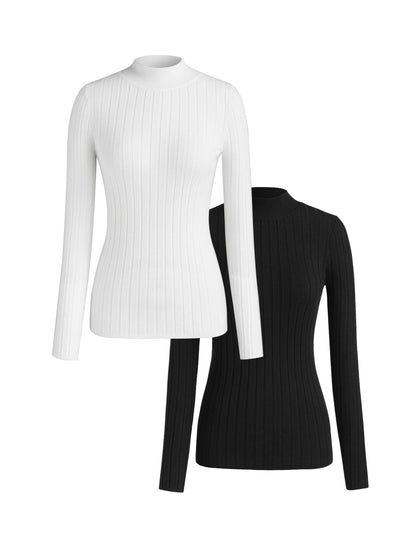 Women's elegant and versatile ribbed sweater with stand-up collar and long sleeves Ivyshape
