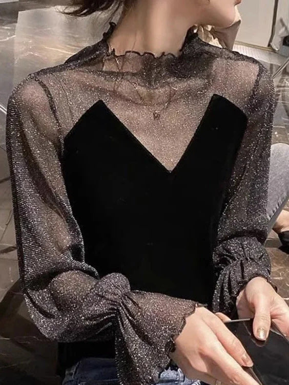 Women Transparent Ruffle Sleeve Top Ivyshape