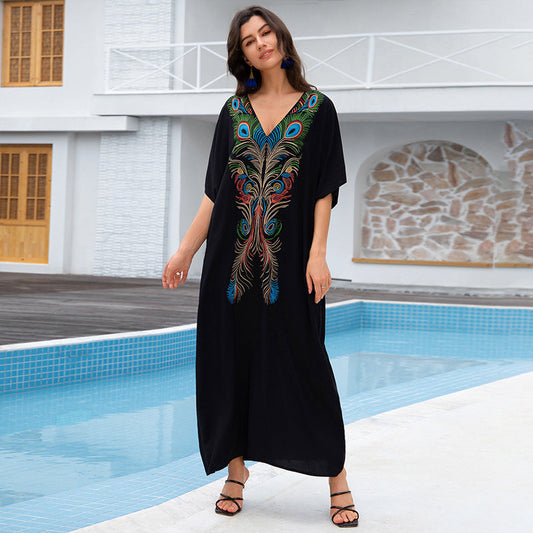 Women's caftan with artistic peacock motif and V-neck Ivyshape