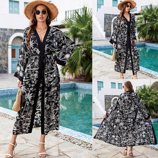 Ladies elegant beach kimono with sophisticated palm pattern and adjustable belt Ivyshape