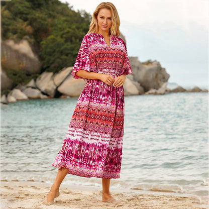 Ladies wrap dress with striking ethnic pattern and airy sleeves Ivyshape