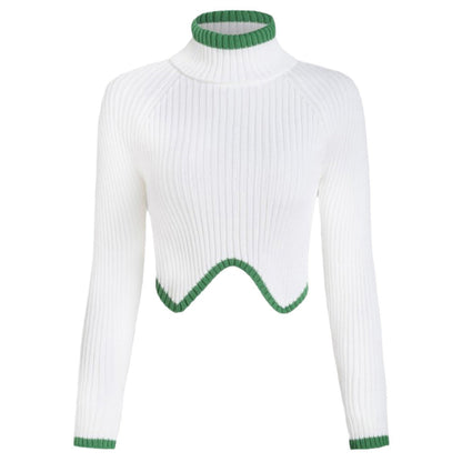 Women cropped knit sweater with high collar and contrast hem Ivyshape