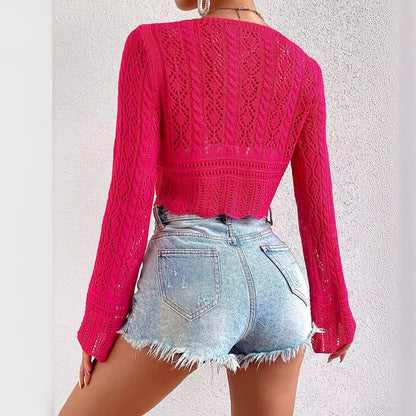 Women airy crochet blouse with deep V-neck and wide flared sleeves Ivyshape
