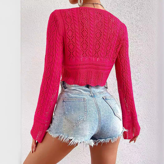 Women airy crochet blouse with deep V-neck and wide flared sleeves Ivyshape
