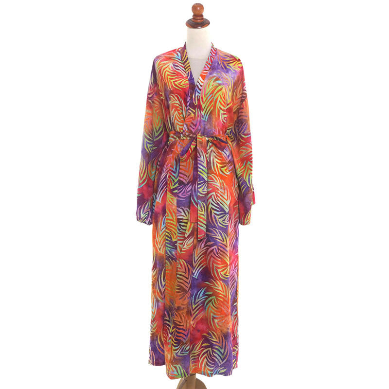 Ladies luxurious beach kaftan with elegant palm pattern and tie belt Ivyshape