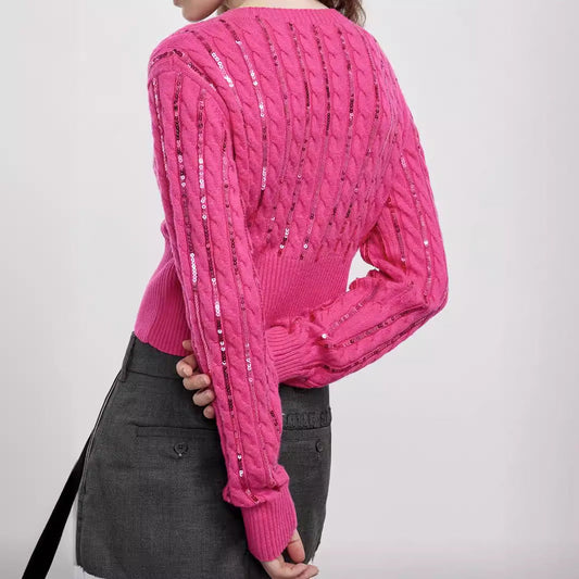 Ladies fashionable knit cardigan with sparkling sequins Ivyshape