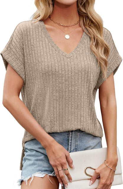 Women's Casual V-Neck T-Shirt with Textured Fabric Ivyshape