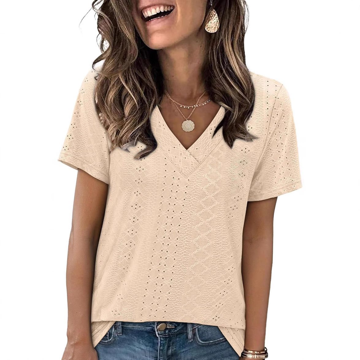 Women V-Neck Lace Detail Top Ivyshape