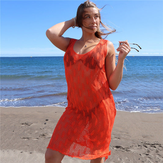 Women's airy crochet beach cover-up with deep V-neck and side slit Ivyshape