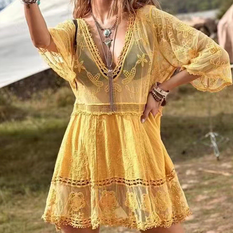 Women's Transparent Beach Tunic with Artistic Embroidery and Elegant V-Neck Ivyshape