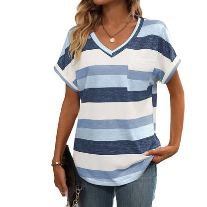 Ladies V-neck short sleeve shirt with striped pattern Ivyshape