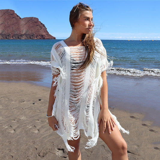 Women's casual crochet beach cover-up with fringed accents Ivyshape