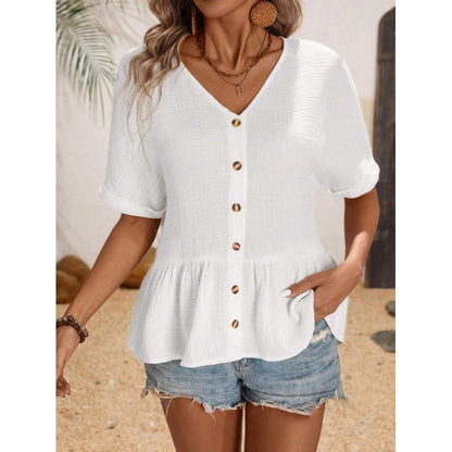 Ladies V-neck blouse with button detail and ruffled hem Ivyshape