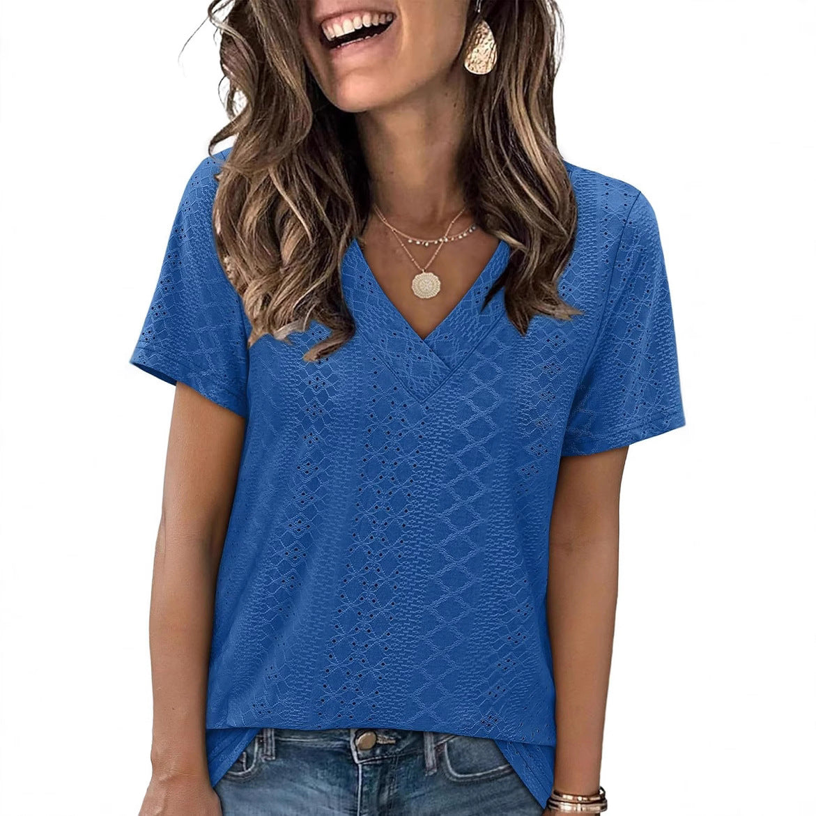 Women V-Neck Lace Detail Top Ivyshape