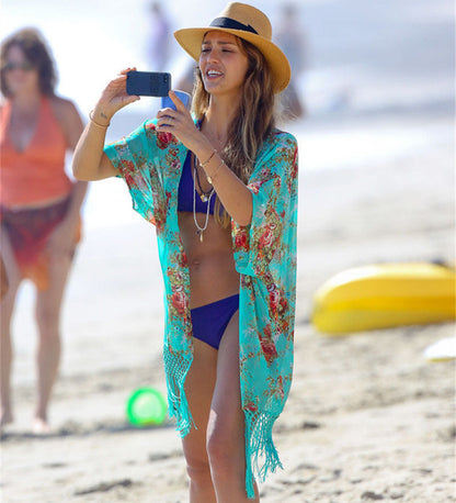 Ladies Trendy Beach Kimono with intricate floral pattern and fringed details Ivyshape