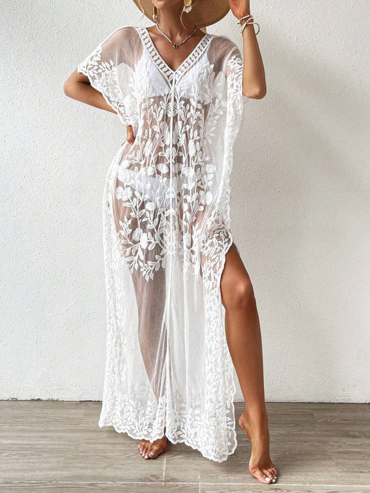 Women's Transparent Beach Robe with Floral Crochet Pattern Ivyshape