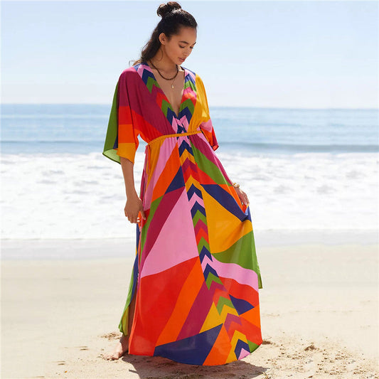 Women’s maxi dress with colorful geometric pattern mix and side slit Ivyshape