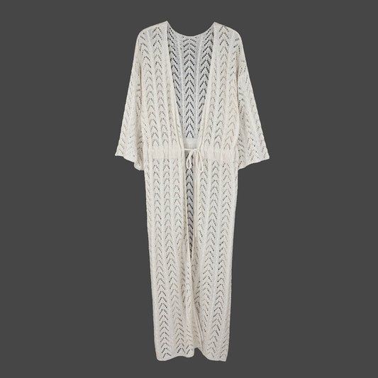 Women's fashionable beach shawl with refined crochet pattern and belt Ivyshape