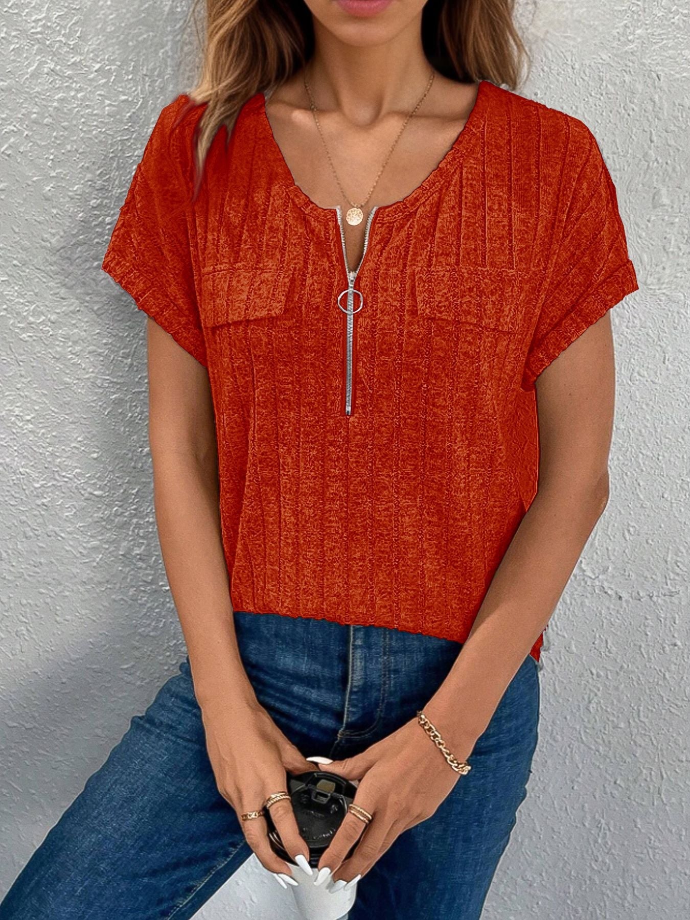 Women Rib Pockets Zip-Up Top Ivyshape