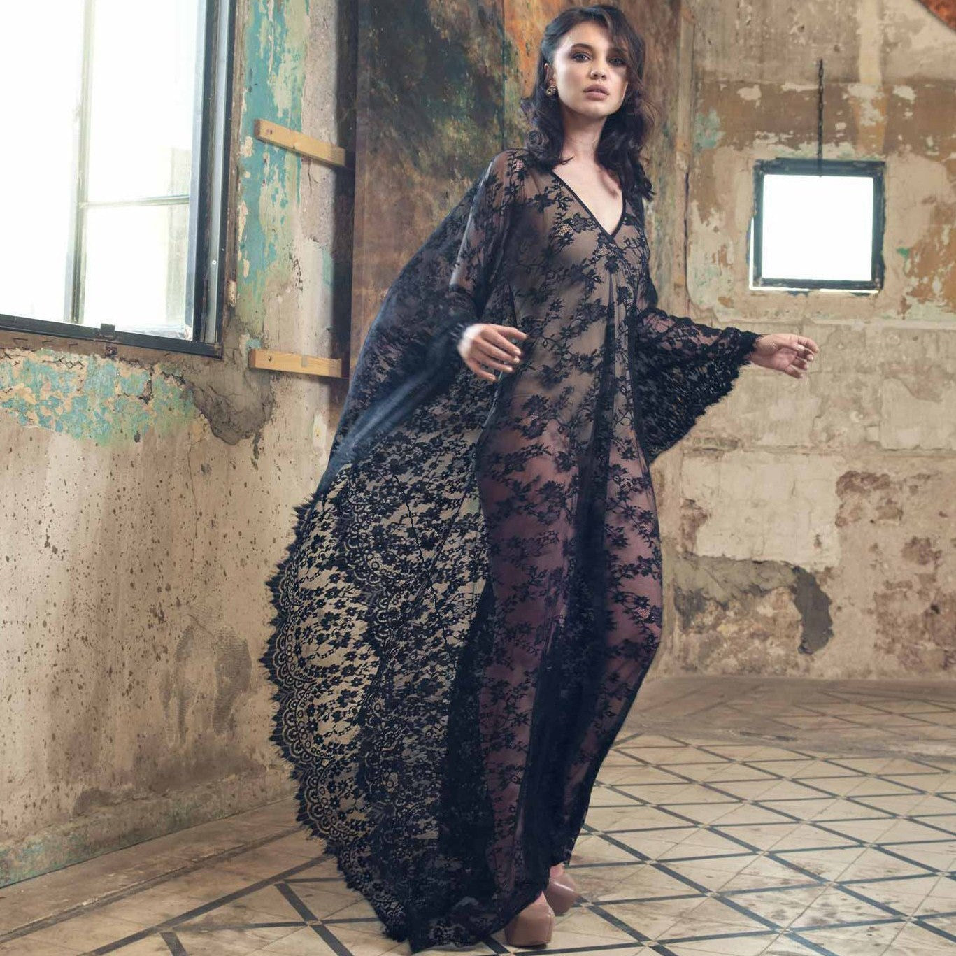 Ladies Elegant Lace Beach Robe with Wide Cut Sleeves and Deep V-Neck Ivyshape