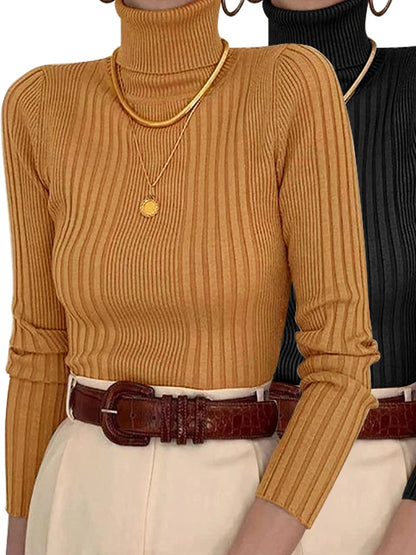 Women's fine knit turtleneck sweater with elegant rib design Ivyshape