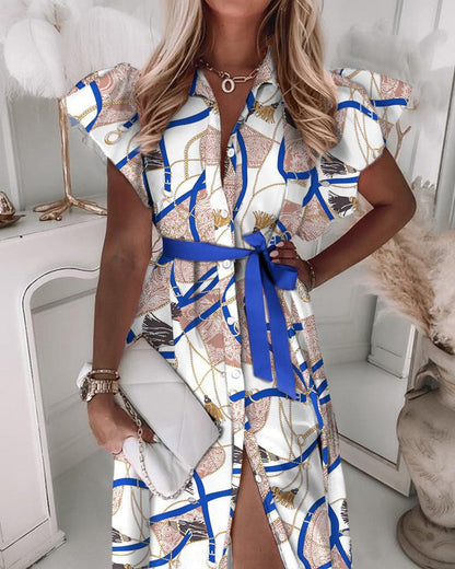 Women's shirt dress with luxurious chain pattern and voluminous sleeves Ivyshape