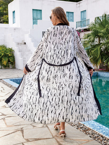 Ladies elegant beach kimono with sophisticated palm pattern and adjustable belt Ivyshape