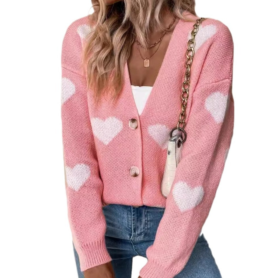 Ladies knitted cardigan with heart pattern and button placket Ivyshape