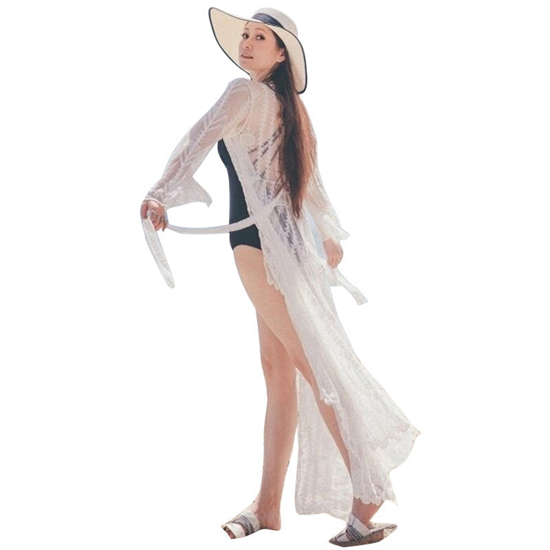 Women's Transparent Beach Kimono with Elegant Lace and Wide Sleeves Ivyshape