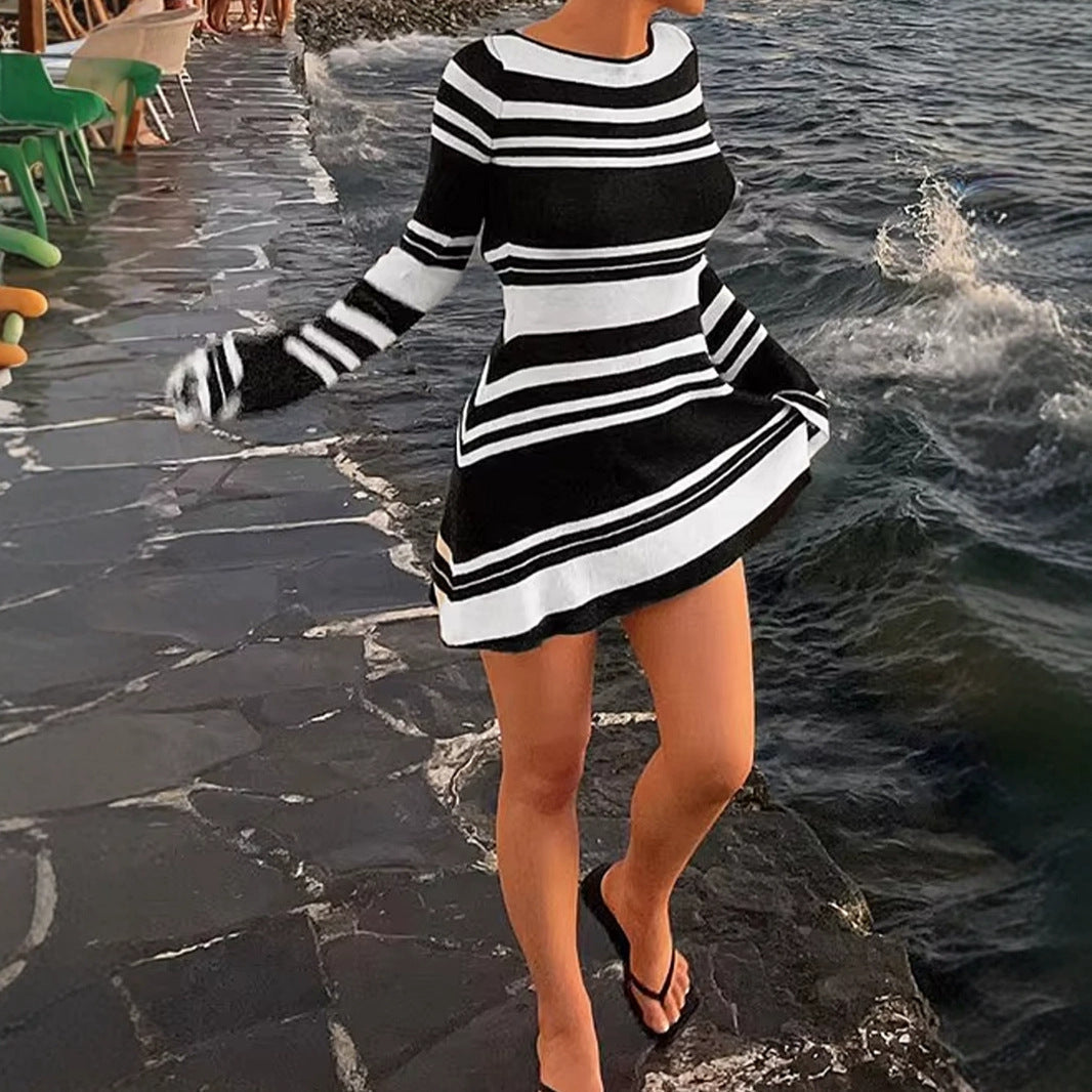 Women's striped knit dress with a loose fit and elegant sleeves Ivyshape