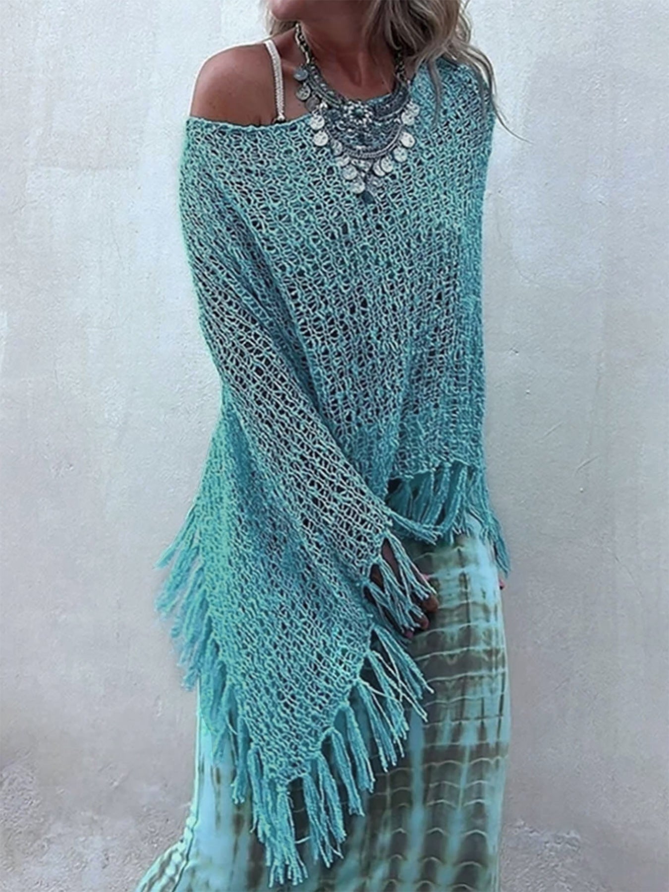 Ladies airy crochet poncho with fringe design Ivyshape