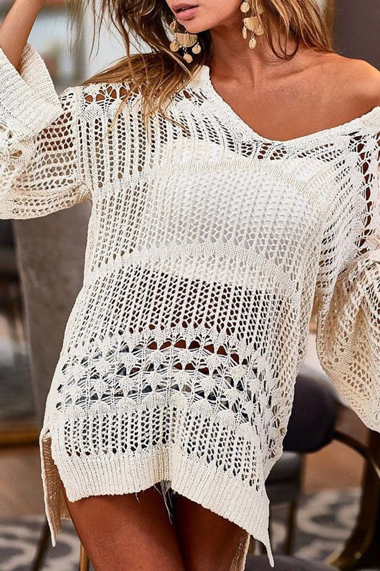 Women's airy crochet beach sweater with V-neck and wide sleeves Ivyshape