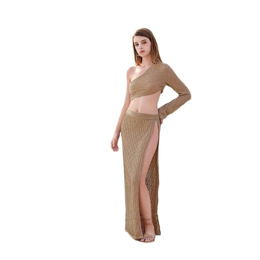 Women Two-Piece Set with Asymmetric Top and High-Waisted Skirt Ivyshape
