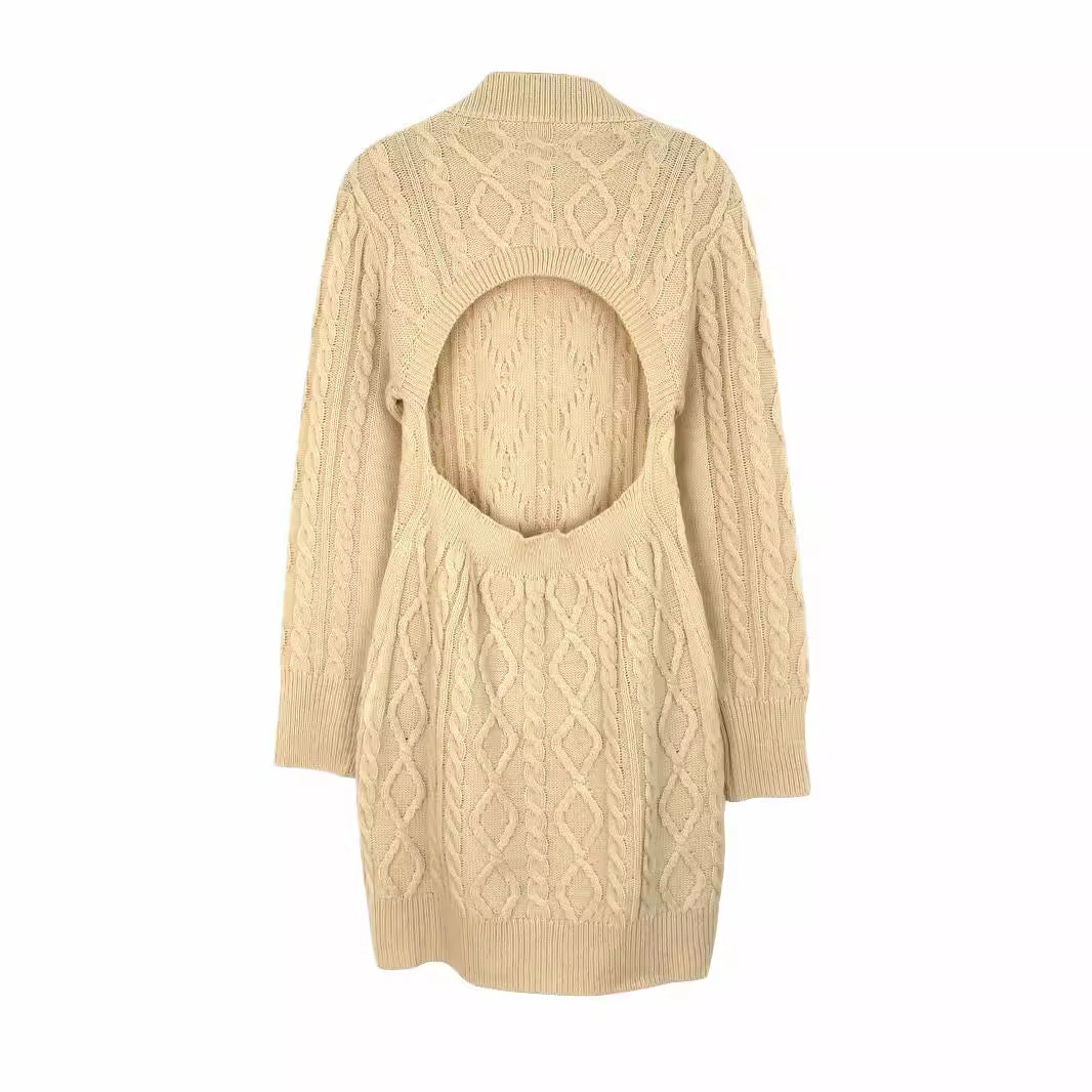 Ladies knit dress with open back and cable pattern Ivyshape