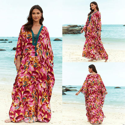 Women's beach kaftan with elegant floral design and wide silhouette Ivyshape