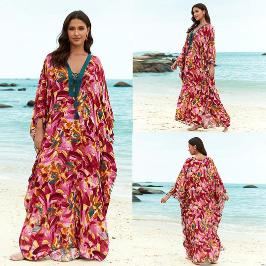 Women's beach kaftan with elegant floral design and wide silhouette Ivyshape