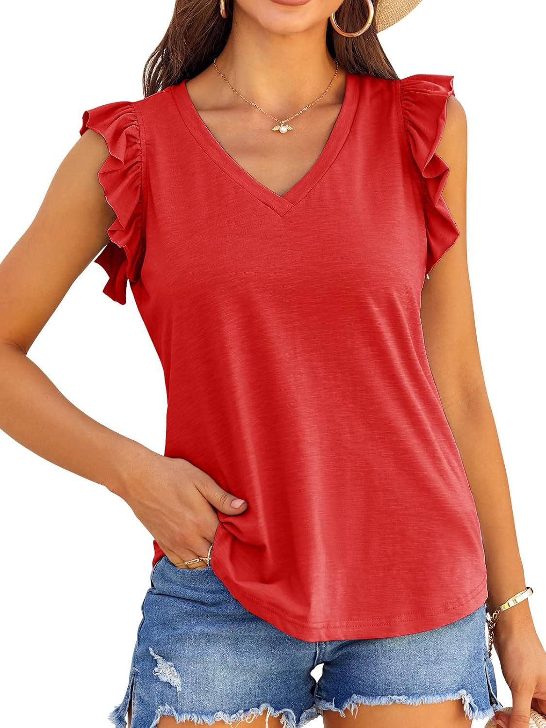 Women V-neck Ruffle Sleeve Top Ivyshape