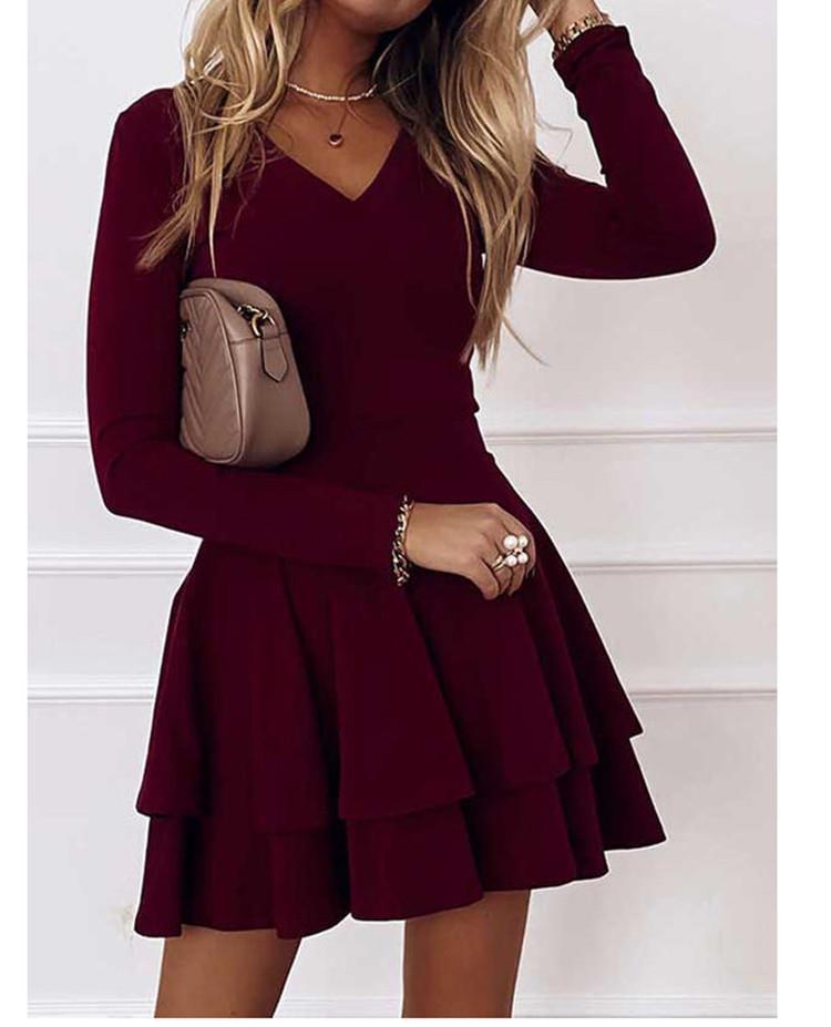Ladies V-neck dress with ruffles and long sleeves Ivyshape